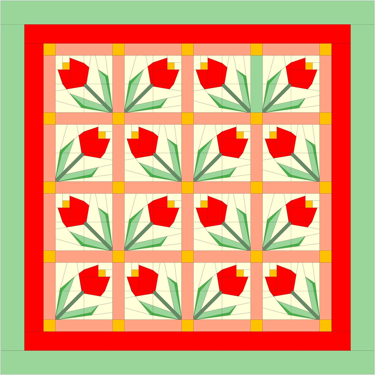 Tulip Time quilt block in a sampler style quilt. Each block is separated by sashing and cornerstones with two borders. The quilt is traditional in styling. The quilt was created using foundation paper piecing.